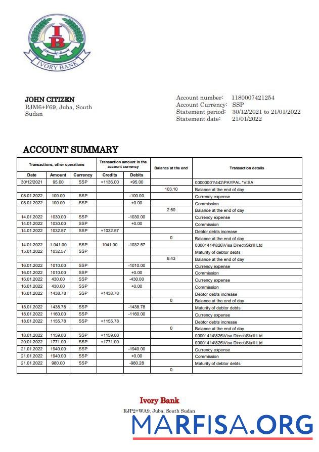 Blank South Sudan Ivory bank statement word download for verification